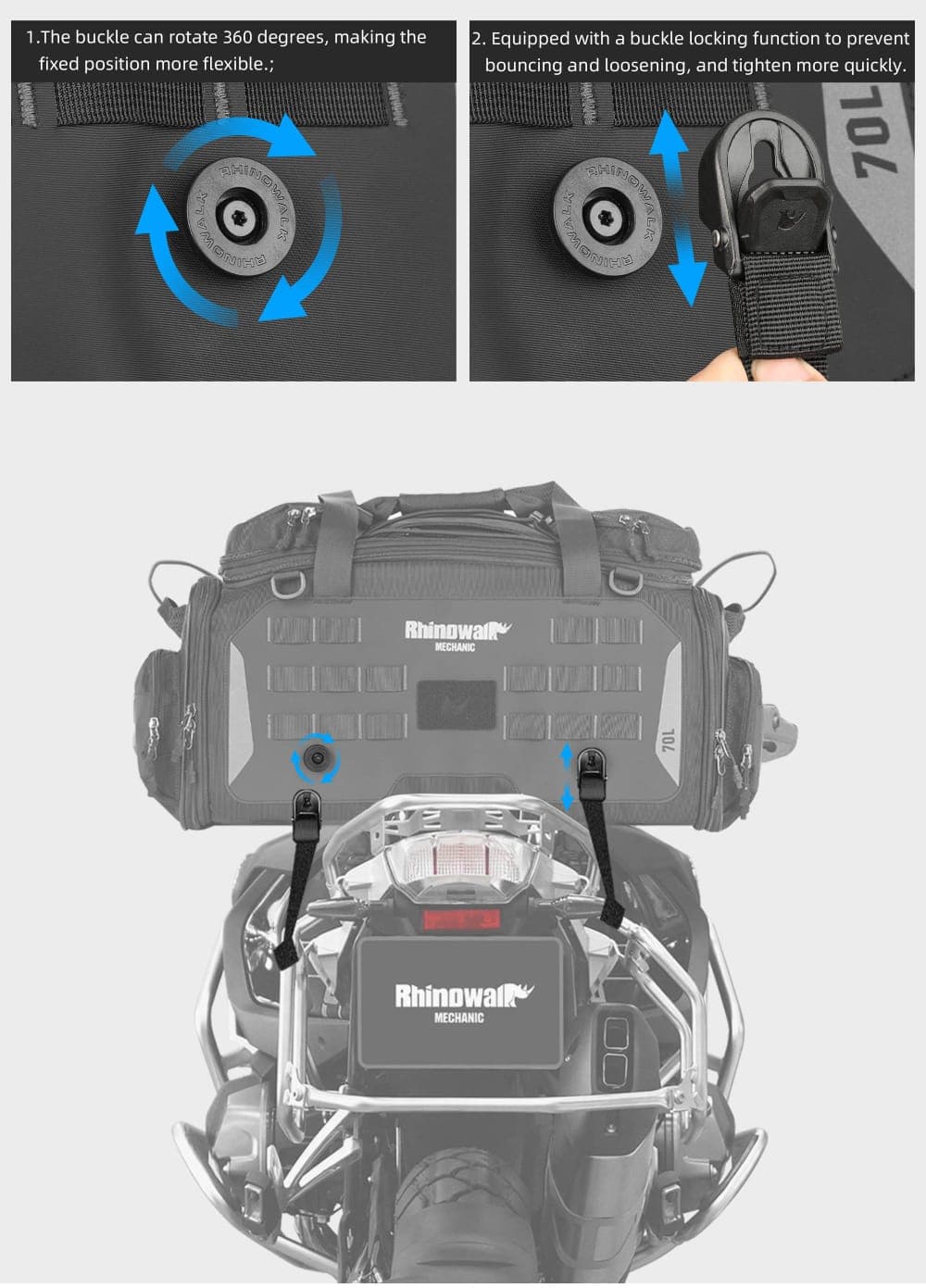 Rhino Walk Motorcycle Tail Bag – Waterproof Touring Seat Bag( 50-70 ltrs)